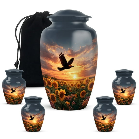 MUKTIVE Sparrow Memorial Combo Urn for Adult Ashes Male & Female, Grey Cremation Urn for Ashes Adult for Funeral, Large Sunflower Urns, Sunset Decorative Urns for Human (1 Large, 4 Keepsake)