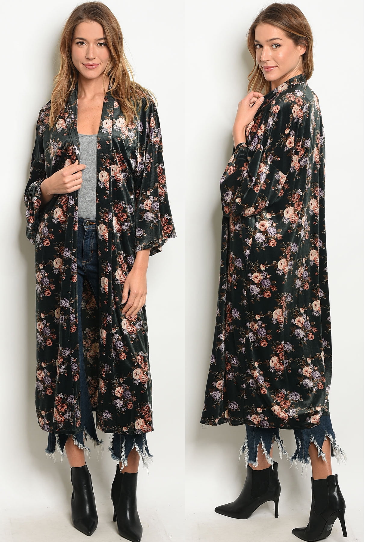 JED FASHION Women's Rose Print Velvet Maxi Kimono Cardigan