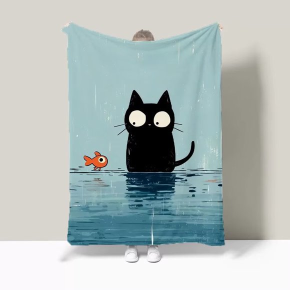 Manta de franela con dibujos animados de gatos y peces estrellados, 80 x 130 cm