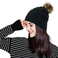 thumbnail image 3 of Gorro grueso de lana de punto cálido para mujer, gorro grueso con agujero para cola de caballo, gorro con botón, mezclas para soporte de máscaras, 3 of 8