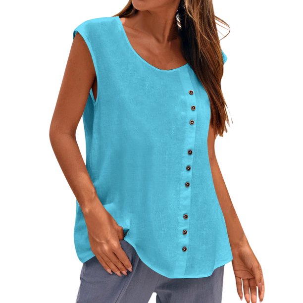 Gibobby Chaleco de botón sin mangas informal de verano para mujer, blusa suelta de cuello redondo, camiseta sin mangas(Azul claro,XG)