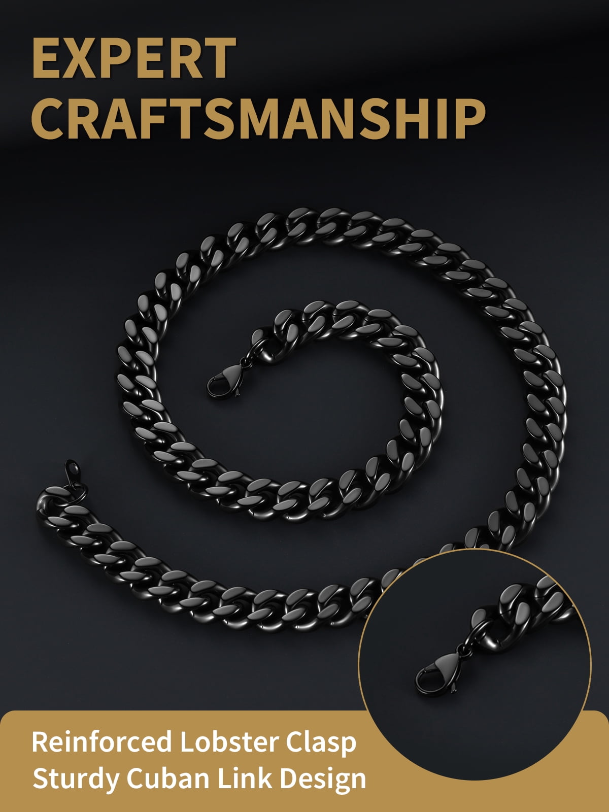 FindChic Black Chain Necklace for Men Stainless Steel Hip Hop Cuban Link Chains Birthday Graduation Fathers Day Jewelry Gifts Him Boyfriend Husband Adults Male Son Age Ideas, 12mm/18inch