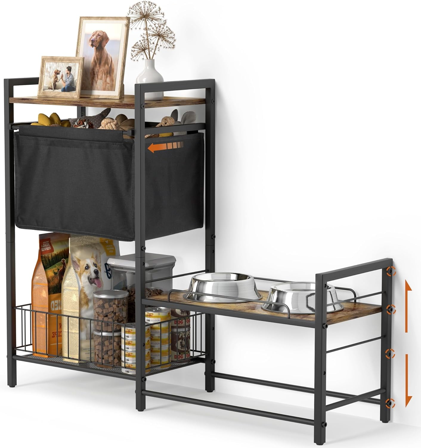 Elevated Dog Bowls Stand for X-Large & Large Breed, 7 Adjustable Heights from 2"-22" Raised Dog Feeding Station with Toy Bin Basket, Lifted Dogs Food Bowl Holder Cabinet Pet Storage Organizer