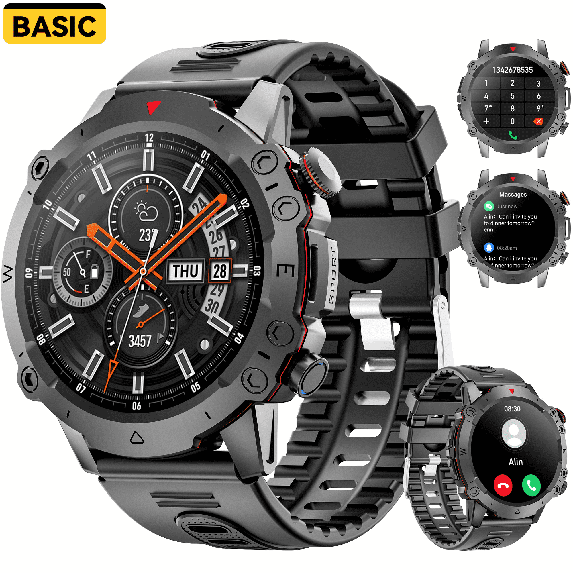 3CLOUDGE Militay Smart Watch, 1.46" HD Smart Watch for Men Zinc Alloy Case, with IP68 Waterproof/100 Sports Modes/Bluetooth Calls, Fitness Tracker for fits for Android iPhone Devices (Black)