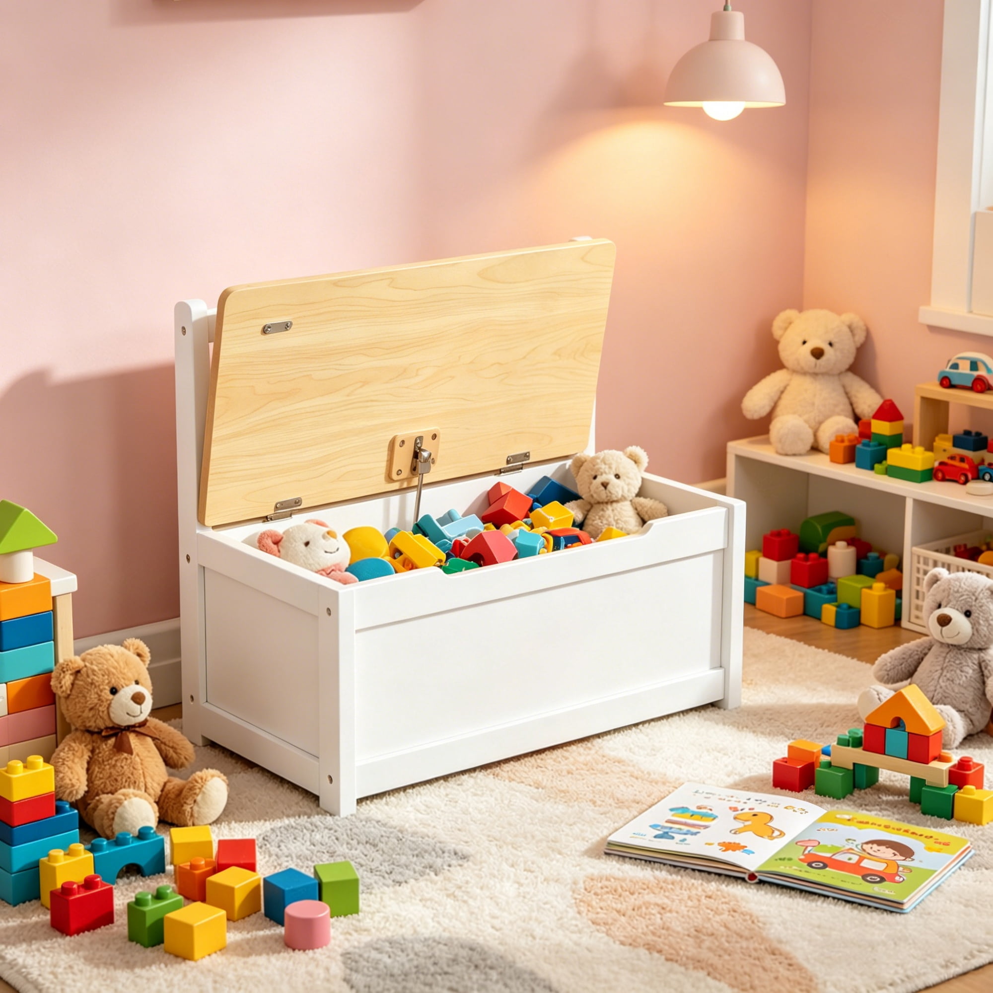 2 in 1 Wooden Toy Organizer Chest Storage Box with Seat Bench Safety Pneumatic Rod Chunk Cube Cabinet, White