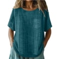 thumbnail image 4 of Linen Shirts for Women Fashion Summer Cotton Gauze Plus Size Tops Short Sleeve Crew Neck Dressy Casual Blouses 2026 Sky Blue M, 4 of 5