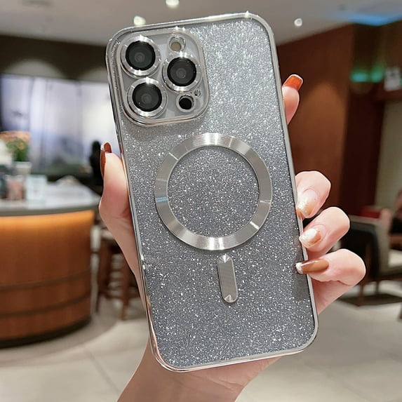 Magnetic Case for iPhone 13,Built with Glass Camera Lens Film,Compatible with MagSafe Charging,Shockproof Lightweight Fashion Plating Bling Glitter Paper Slim Phone Case,Silver