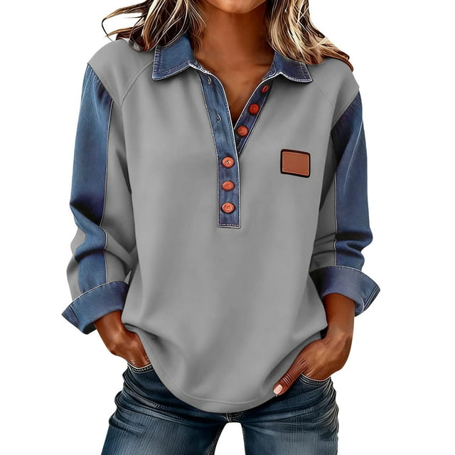 Wensltd Chandail à Col Rabattu pour Femmes Couleur Unie Denim Patchwork Manches Longues Confortable Tendance Gris