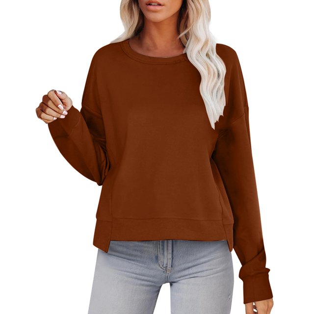 WEAIXIMIUNG T-Shirts Personnalisés pour Femmes Chandail en Molleton Court Col Rond Manches Longues Hauts d'Automne Tendance Décontracté Ourlet Irrégulier