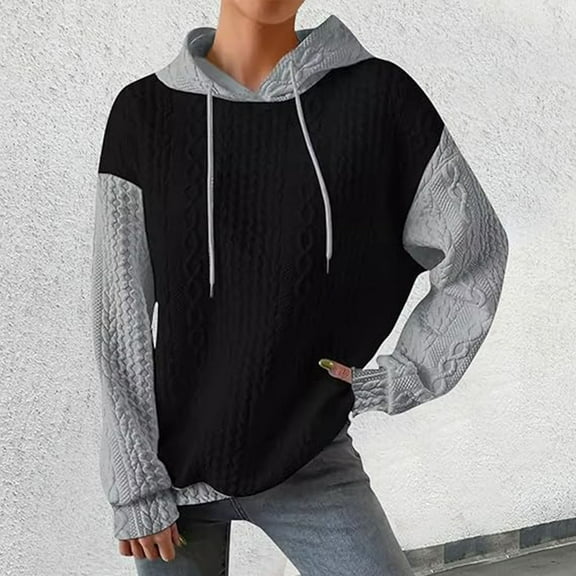 Dasayo Loose Womens Sweatshirt Long Sleeve Waffle Knit Black Colorblock Drawstring Hoodies Shirts for Women Trendy L