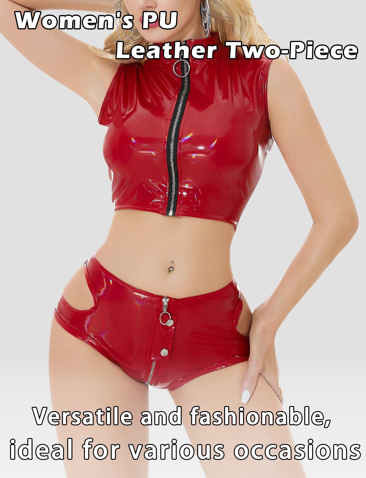 Ausing Womens Shiny PU Leather Set Zipper Wet Look Crop Top and Booty Shorts Clubwear Dance Rave Party Nightclub Stage Performance 2 Piece Red XS
