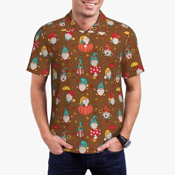 Kdxio cute gnome Pumpkin Print Men's Short Sleeve Polo Shirt,Midweight Men's Shirt-Small