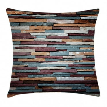 Wall Throw Pillow Cushion Cover, Background of Colored Stone Surface Retro Style Urban House Brick Design, Decorative Square Accent Pillow Case, 16 X 16 Inches, Mauve Teal Ivory, by Ambesonne
