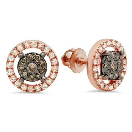 Gold Champagne Diamond Earrings - 0.50 Carat (Ctw) 14K Gold Round Champagne & White Diamond Ladies Cluster Style Stud Earrings 1/2 CT