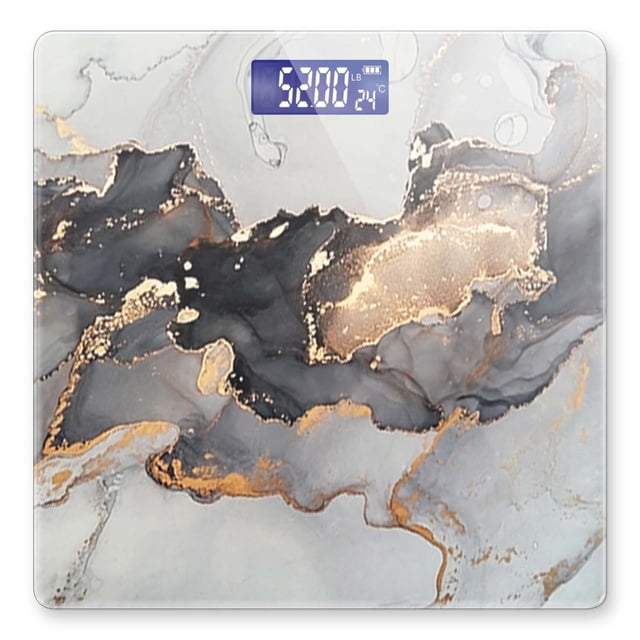 Báscula digital para baño, báscula para peso corporal de 400 lb, báscula digital personalizada con pantalla retroiluminada, fácil lectura (batería no incluida), mármol gris dorado.
