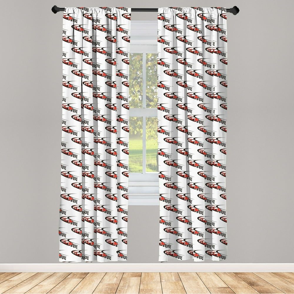Cars Curtains 2 Panels Set, Speeding Fast Red Race Car on a Formula