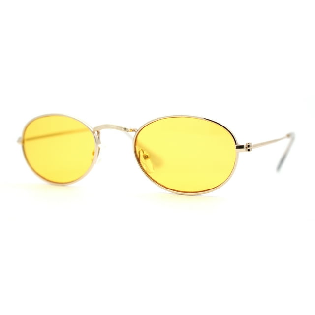 Hippie Micro Narrow Oval Pop Color Lens Metal Rim Sunglasses Gold Yellow
