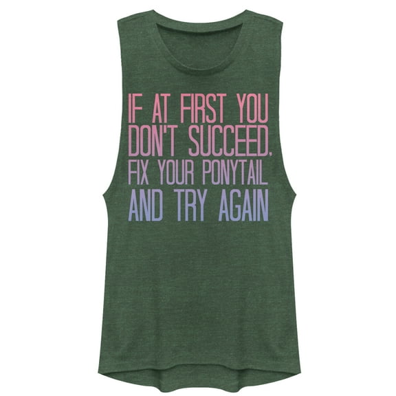 Junior's CHIN UP Fix Your Ponytail and Succeed  Festival Muscle Graphic Tee Pine Green Heather Large