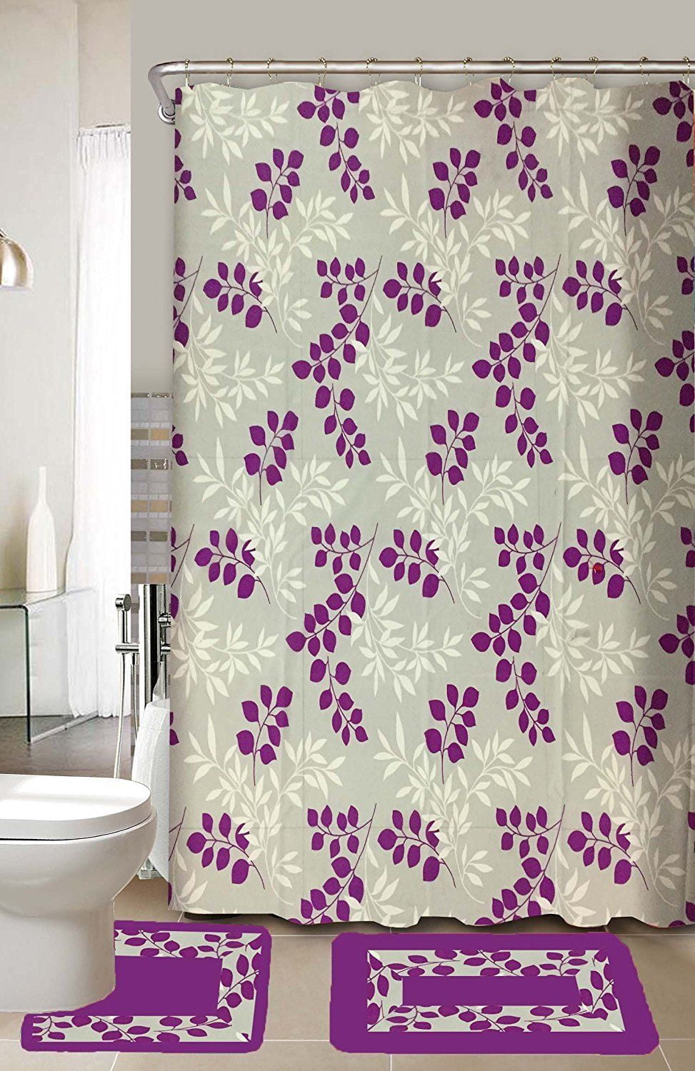 Maria Purple & Gray 15Piece Bathroom Accessory Set 2 Bath Mats Shower