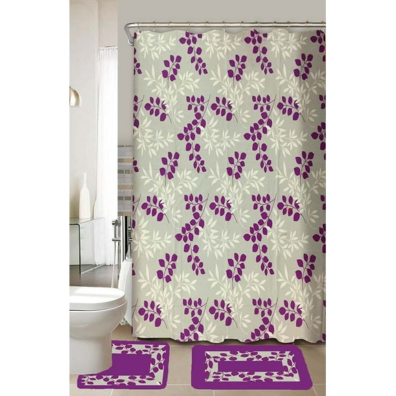 Maria Purple & Gray 15-Piece Bathroom Accessory Set 2 Bath Mats Shower Curtain & Rings