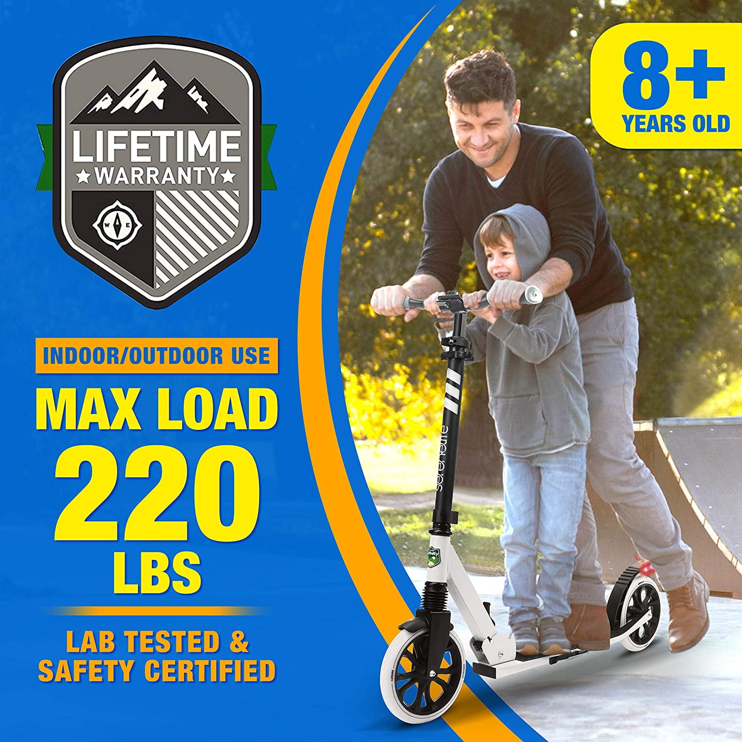 SereneLife Lightweight and Foldable Kick Scooter - Adjustable Scooter for Teens and Adult (Black and White)