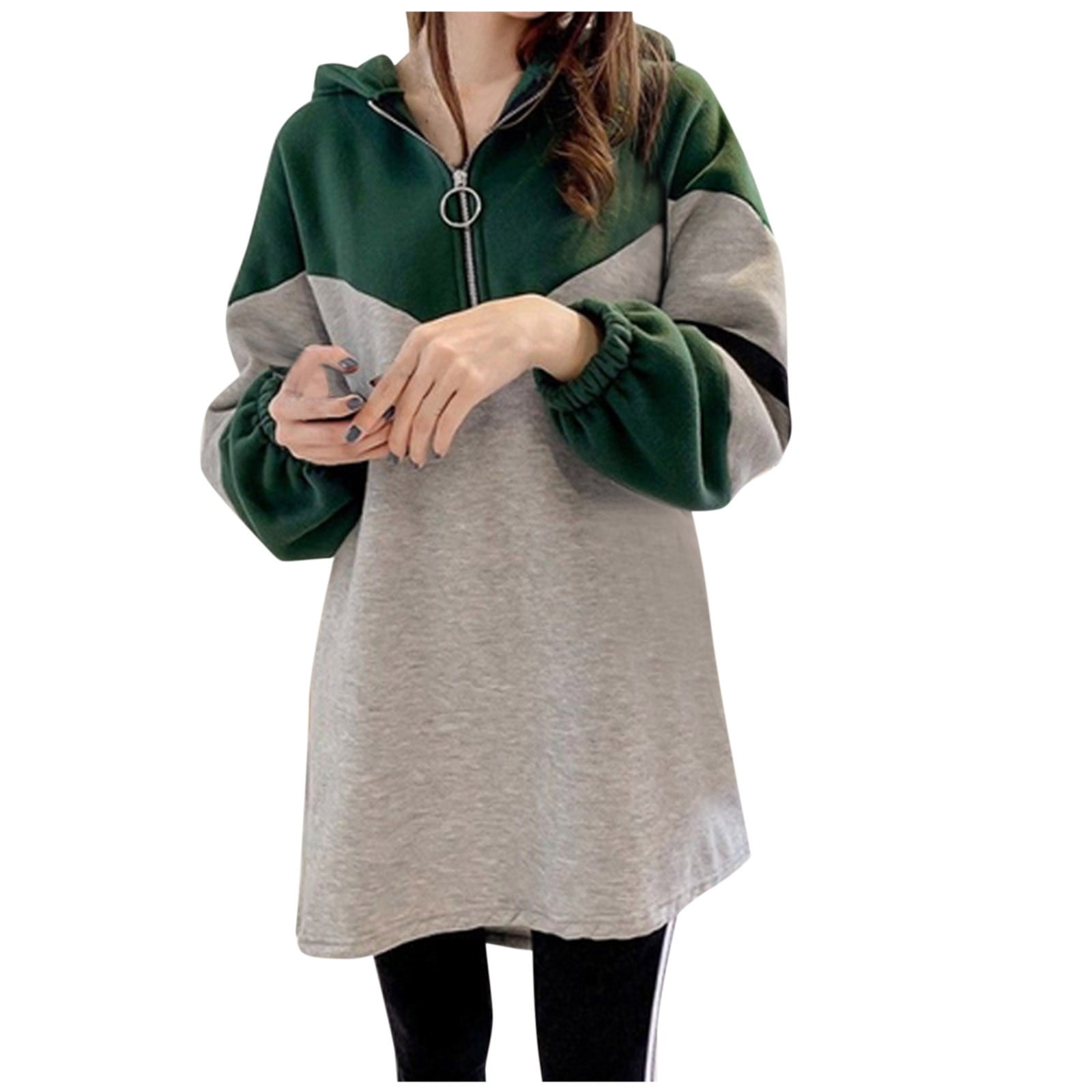 Jovati Half And Half Shirt Womens Solid Color Contrast Hoodie Shirt Half Zip Sweatshirt Loose Top Green