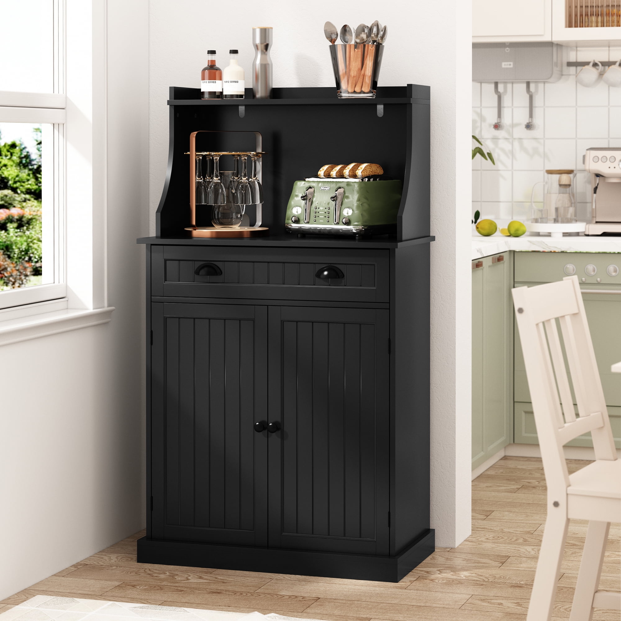 CBJCBJ 54" Kitchen Pantry Cabinet with Door & Shelves, Sideboard Buffet Cabinet with Microwave Stand for Dining Room, Black