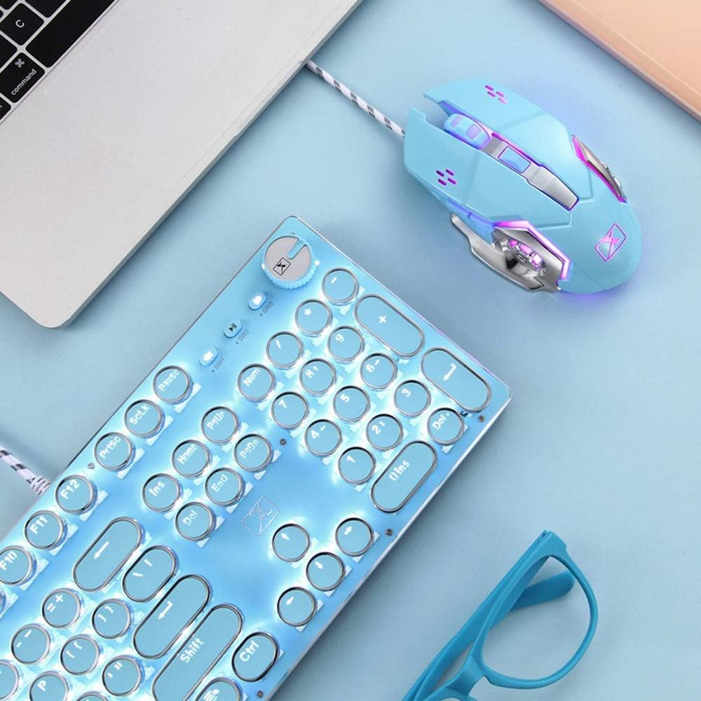 Mechanical Gaming Keyboard and Mouse Combination, Retro Steampunk Old Typewriter Keyboard with LED Backlight, 104-key Anti-ghosting Blue Switch Wired USB Metal Panel Round Keycap, Pink