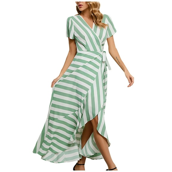Henpk Summer Dresses for Women Striped T Shirt Dress Casual Midi Dress Short Sleeve Sundress with Pockets Summer Striped Large Short Sleeve Irregular Casual Dress Green XL