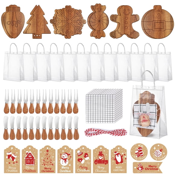Ensemble de 12 Cadeaux de Noël pour Douche Nuptiale, Planche à Découper en Bois d'Acacia Flocon de Neige Bonbon, Couteaux à Fromage Mini Planche à Fromage de Noël