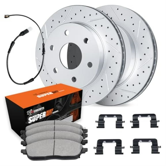 R1 Concepts Drilled and Slotted Carbon Coated Disc Brake Rotor Set with Super Duty Pads, Sensor, and Hardware WBXS1-40004