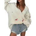 thumbnail image 3 of Cárdigan de Punto con Botones y Bordado Gráfico para Mujer, Cuello en V, Cómodo y Divertido, Ideal para Otoño M, 3 of 7