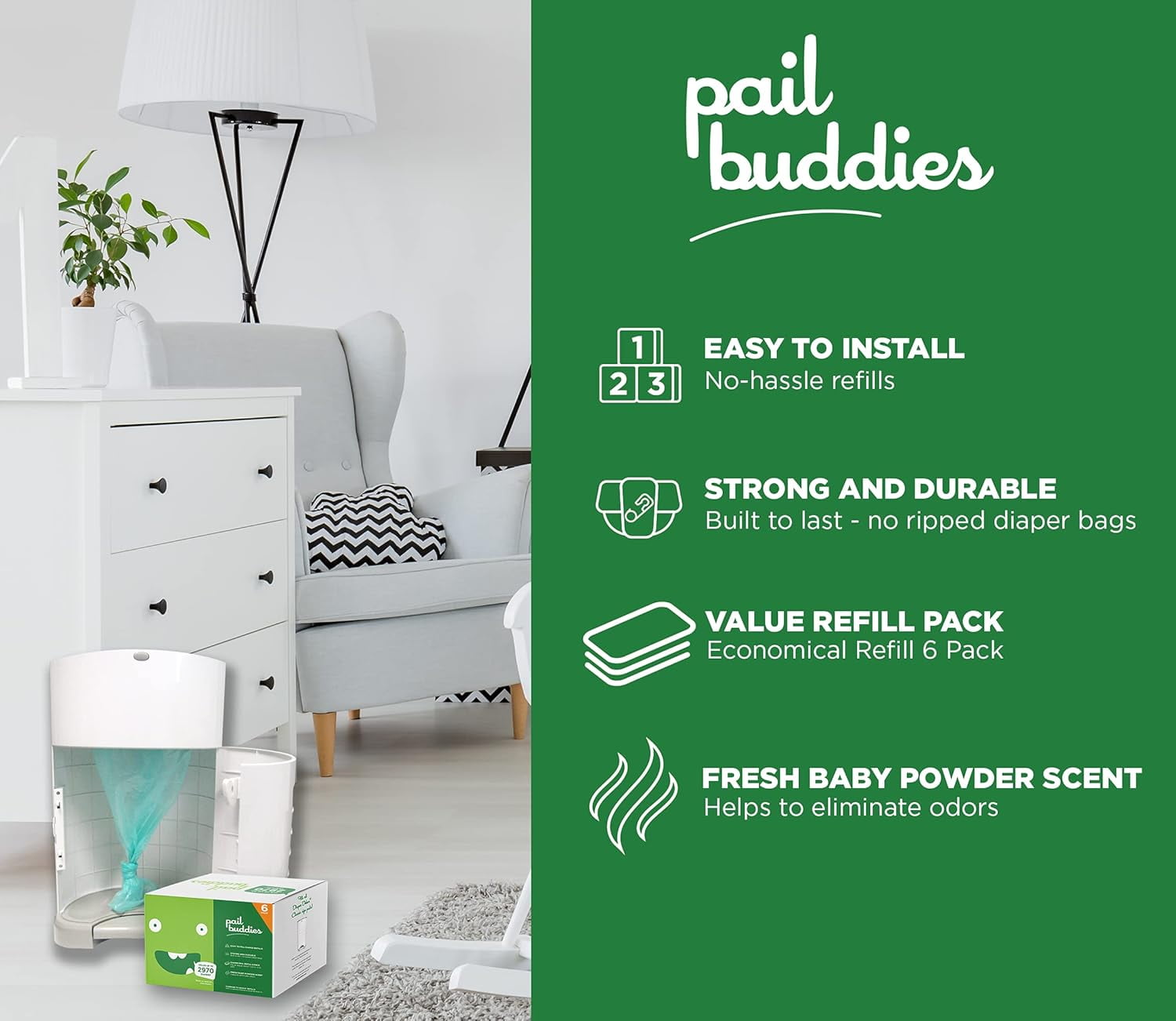 Pail Buddies Diaper Pail Refills for Dekor Classic, 6-Pack Refill Bags, Holds Up to 2,970 Diapers, Strong Disposable Liners with Odor Control, Baby Powder Scent