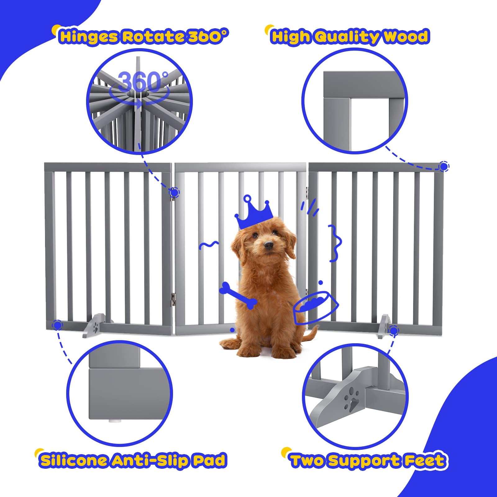 Smuxee Freestanding Dog Gate Foldable Pet Fence with Support Feet, Gray, 3 Panel