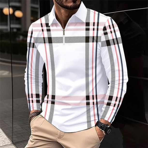 Blusa y camisa de manga larga con cuello vuelto para hombre, informal, con estampado, de manga larga, con solapa y media cremallera, deportiva, de poliéster.