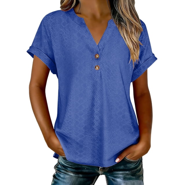 Abcnature Haut à Boutons à Col en V pour Femmes, Blouse Texturée à Manches Courtes, Chemise Décontractée Unie pour Dames