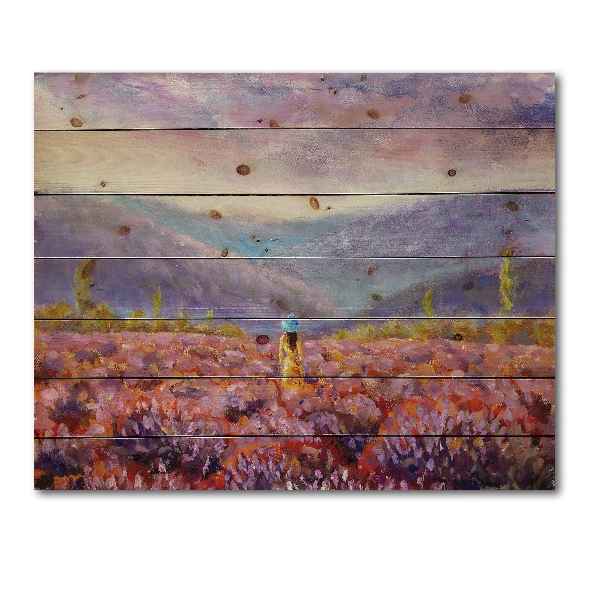 Designart 'Girl In Yellow Dress & Hat Walking Through Fields' Traditional Print on Natural Pine Wood