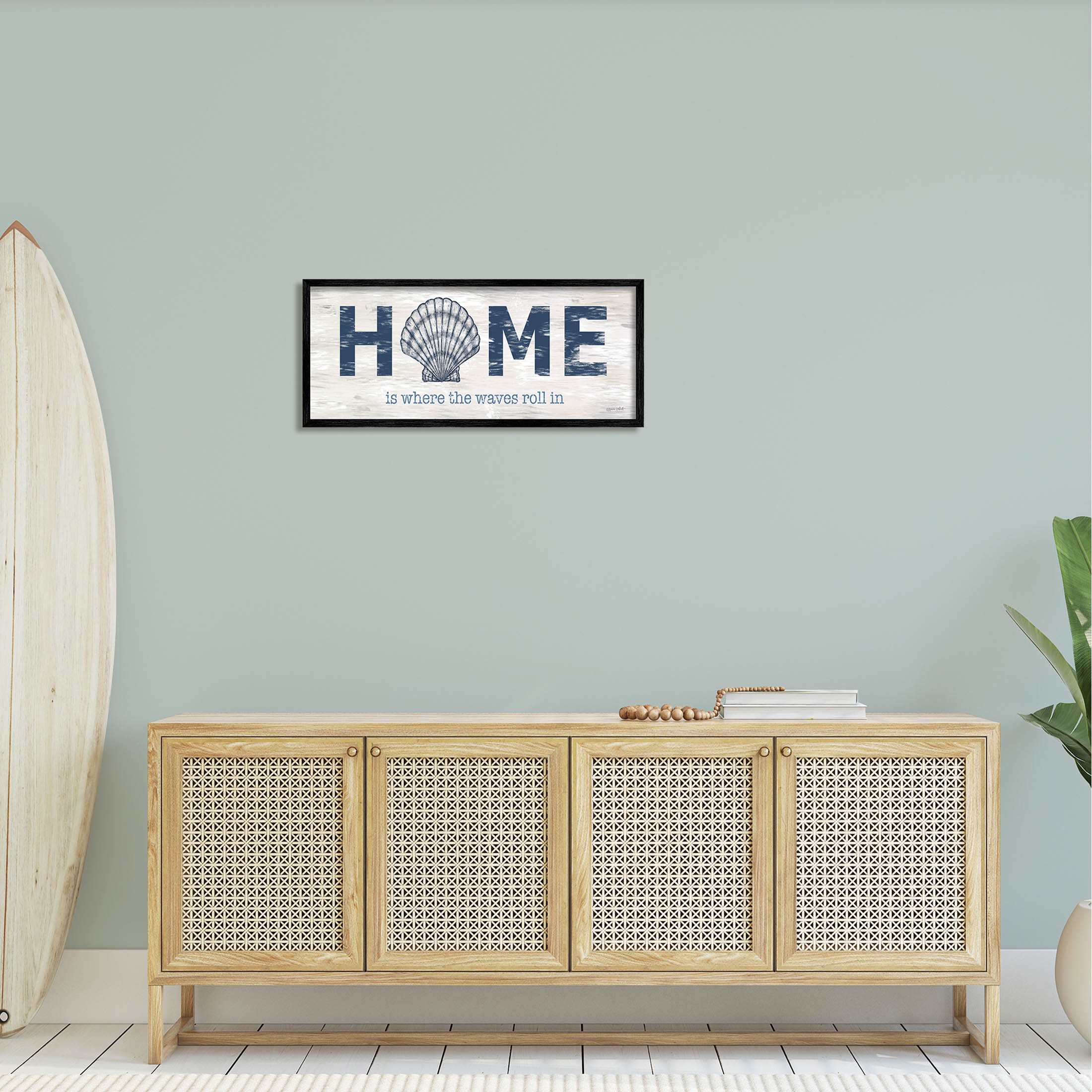 Home Where Waves Roll In Phrase Coastal Graphic Art Black Framed Art Print Wall Art