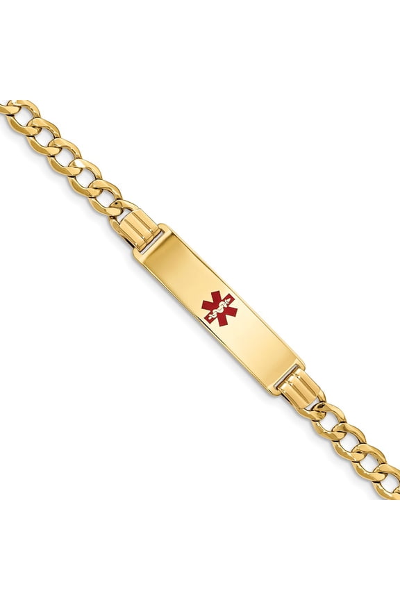Real 14kt Yellow Gold Semi-solid Medical Red Enamel Curb Link ID Chain Bracelet; for Adults and Teens; for Women and Men