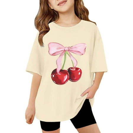 Ulitacool Girls Tee Round Neck Blouse Short Sleeve T Shirt Cartoon Graphic Relax Fit Tops Adorable Wear Beige 7-8 Years