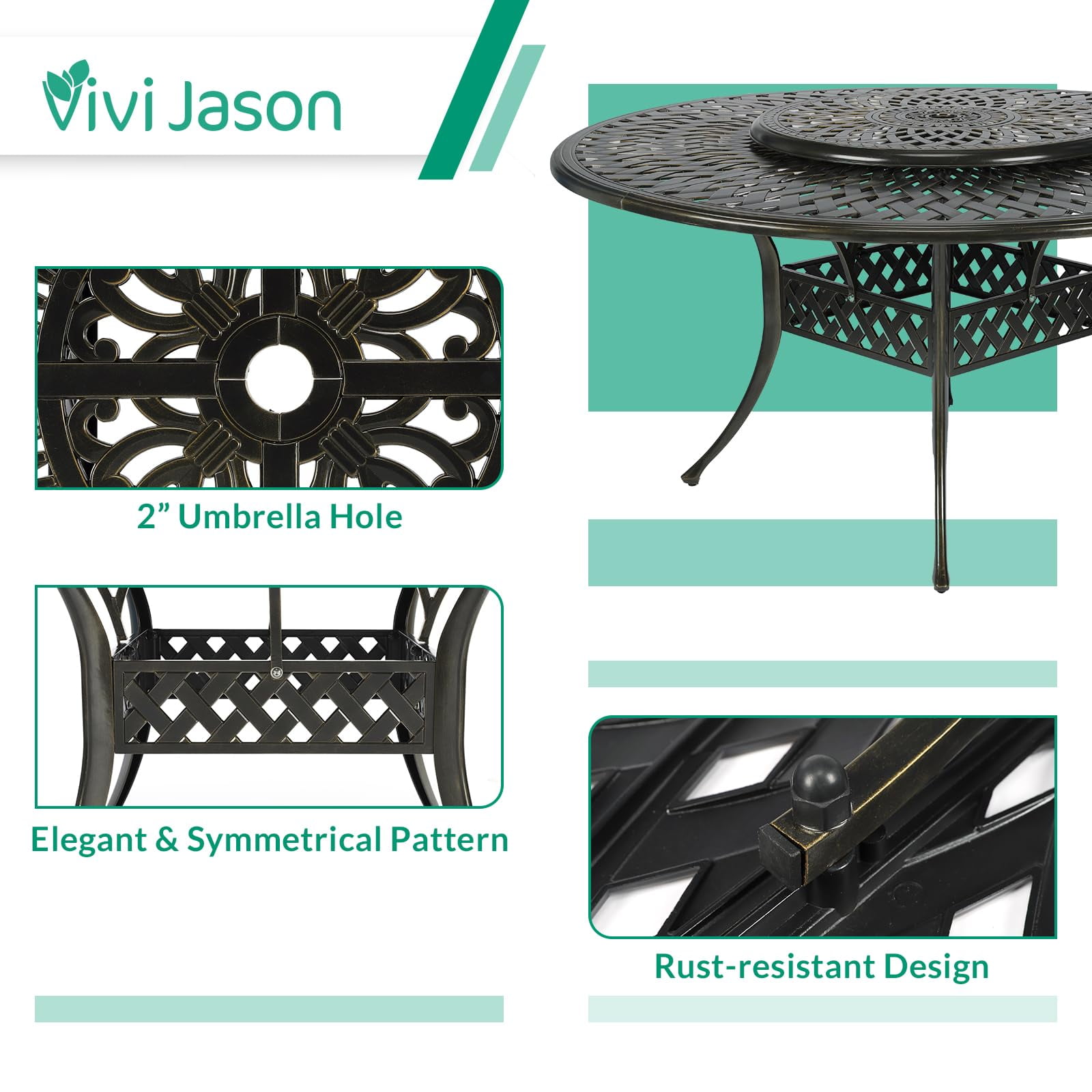 VIVIJASON 9-Piece Outdoor Furniture Dining Set, Rust-Free Cast Aluminum Patio Conversation Set, Include 8 Swivel Dining Chairs & 61" Round Dining Table with 31" Lazy Susan, Umbrella Hole, Khaki