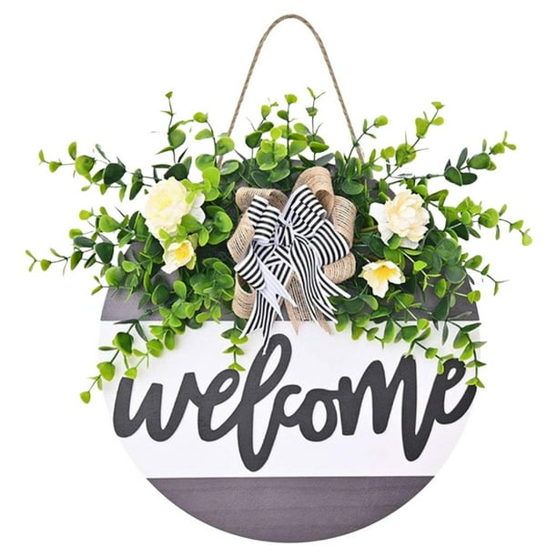 Letrero de bienvenida para puerta de entrada, corona de flores, hojas artificiales, guirnalda para boda, primavera Estilo 1