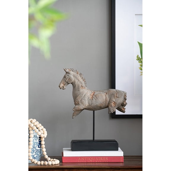14" Antique Horse Statue on Stand - Brown Iron & Resin Tabletop Decor, 17"H Five