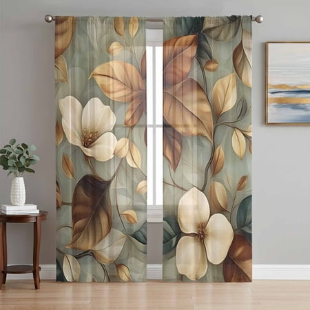 Boho Vintage Flower Semi Sheer Curtains 63 Inch Length 2 Panels Set Farmhouse Botanical Floral Leaf Sheer Kitchen Curtain Privacy Voile Window Curtain for Living Room Bedroom Rod Pocket Drapes