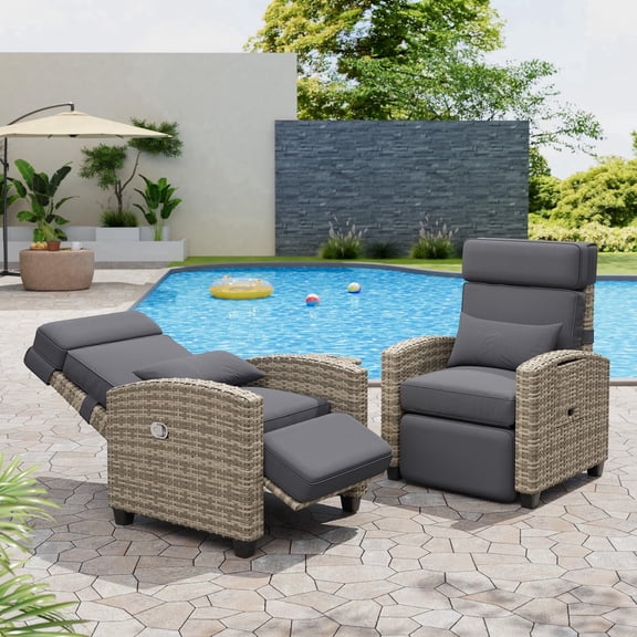 Patio Chairs Recliner Set of 2 Outdoor, Adjustable Rattan Armchairs with 150° Lay Flat Backrest, Flip-Up Table & Removable Cushions, Wicker Chaise Lounge for Garden Furniture