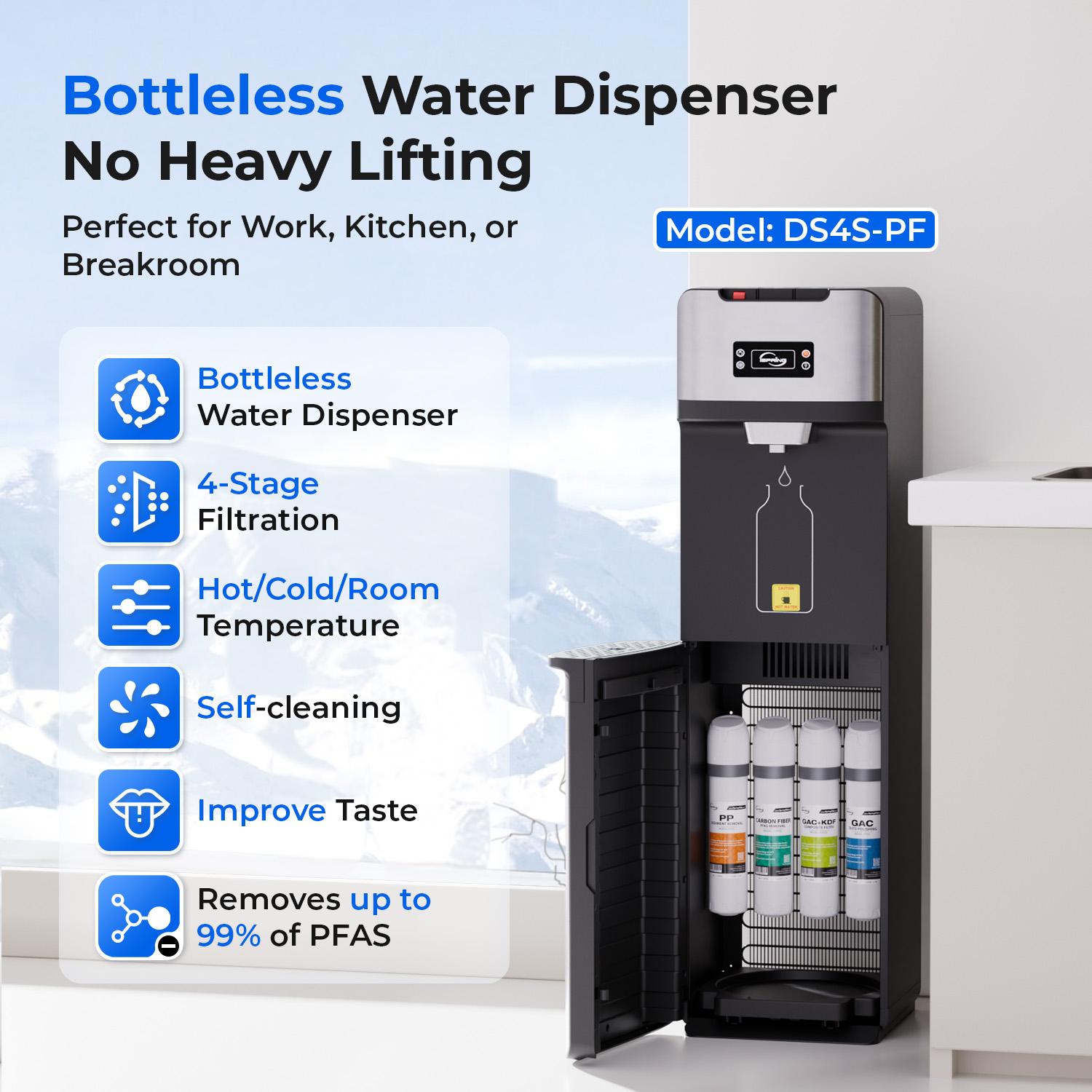 iSpring Bottleless Water Dispenser with 4-Stage Filtration, SGS-Tested 99% of PFAS Removal, Water Cooler Dispenser - Hot, Cold, Room Temp, Self Cleaning, Stainless Steel, Silver, Model: DS4S-PF