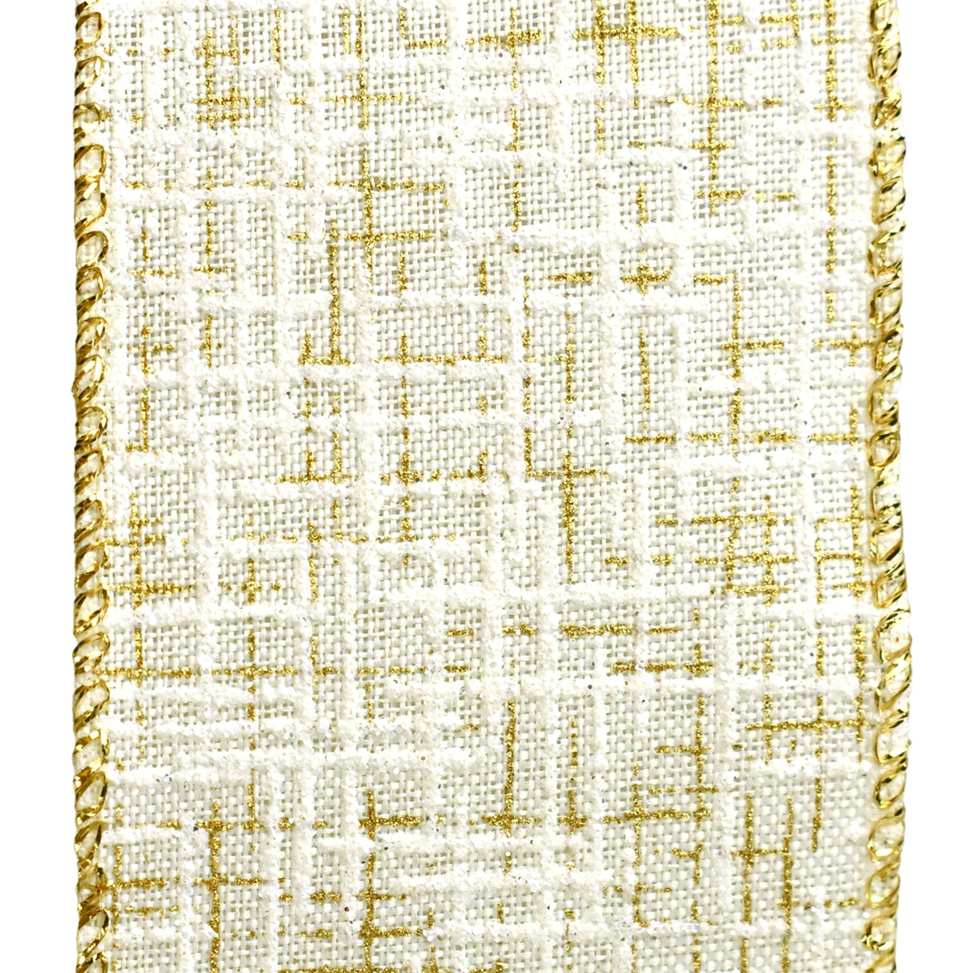 Homeford Elegant Striped Texture Faux Linen Wired Ribbon, 2-1/2-inch, 10-yard, Ivory/Gold