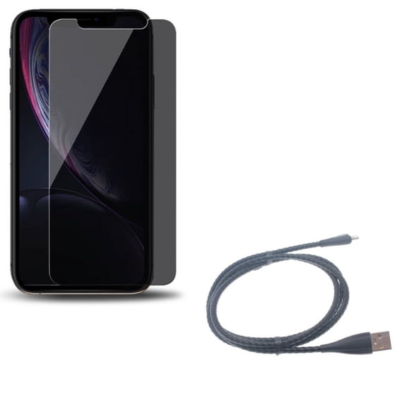 iPhone XS/X - Tempered Glass Privacy Screen Protector w 3ft Metal USB Cable - Curved Anti-Spy Anti-Peep 3D Edge Case Friendly, Charger Cord Power Wire Braided Sync Fast Charge