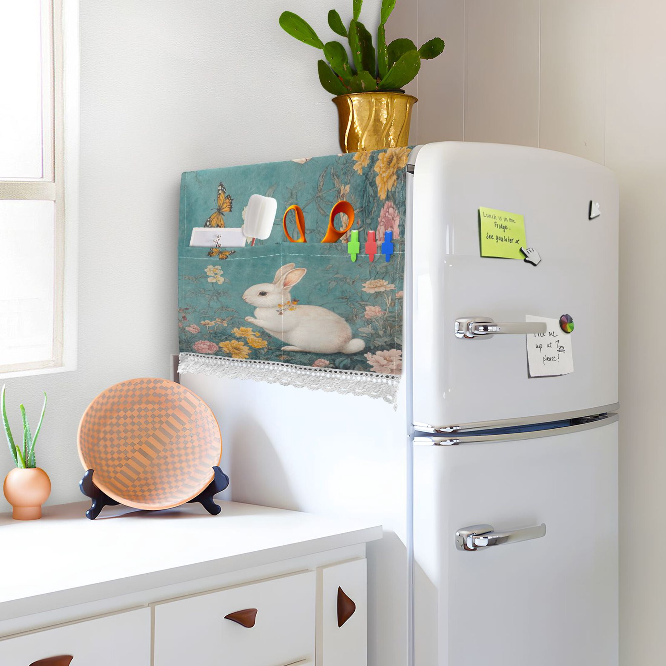 White Rabbit in Flower PatternWasher and Dryer Covers Dust-Proof and Oil Resistant Fridge Cover with 4 Storage Pockets Washing Machine Top Cover for Laundry Kitchen Home 51.2 x 22 In