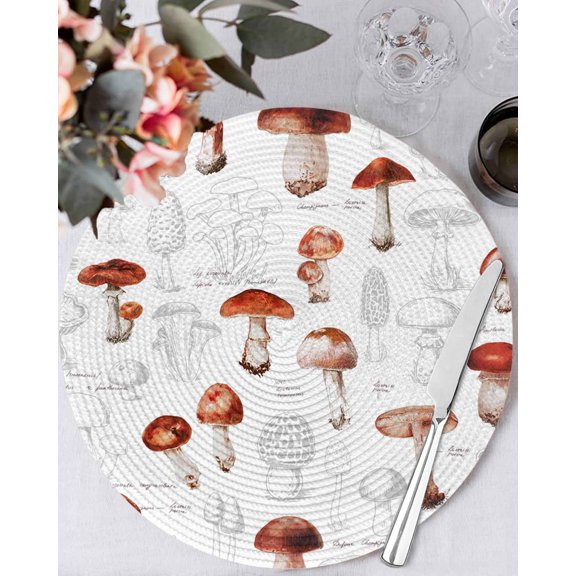 13 Inch Round Placemats Set of 6, Red Mushroom Non Slip Heat Insulation PP Table Mats, Vintage Botanical Autumn Farmhouse Washable Place Mats for Kitchen Dining Party Table Decor